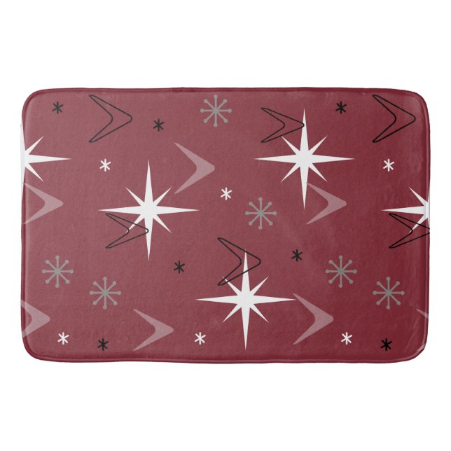 Vintage 1950s Boomerangs Stars Burgundy Bath Mat (Front)
