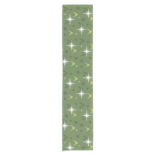 Vintage 1950s Boomerangs Stars Olive Green Short Table Runner