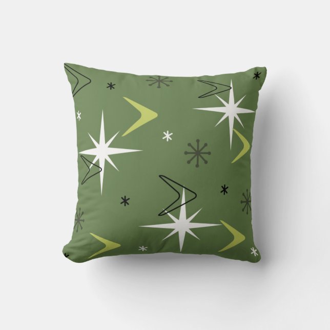Vintage 1950s Boomerangs Stars Olive Green Throw Pillow (Front)