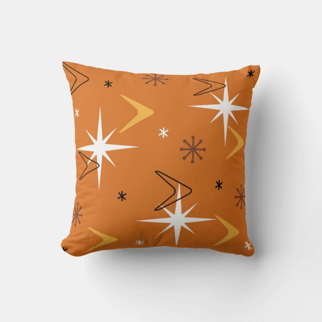 Vintage 1950s Boomerangs Stars Orange Throw Pillow (Front)