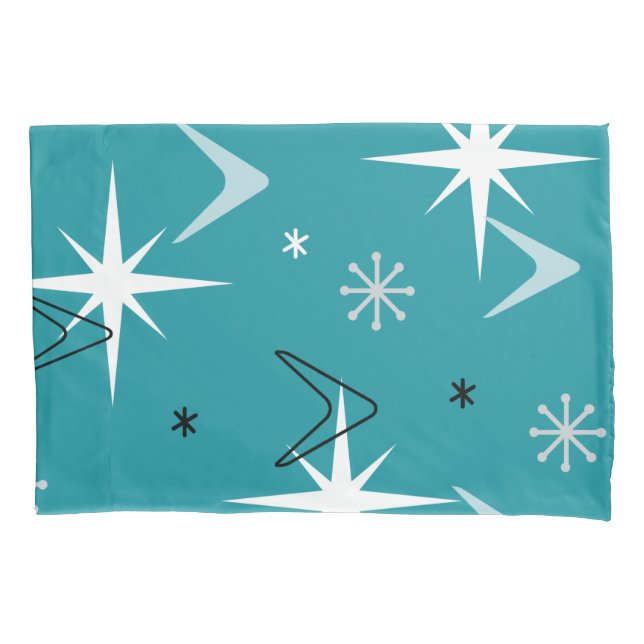 Vintage 1950s Boomerangs Stars Teal Pillowcase (Front)