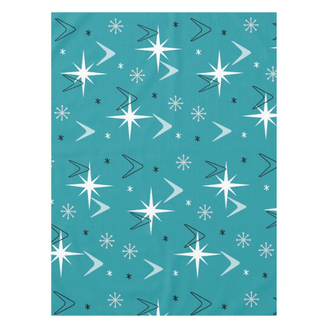 Vintage 1950s Boomerangs Stars Teal Tablecloth (Front)