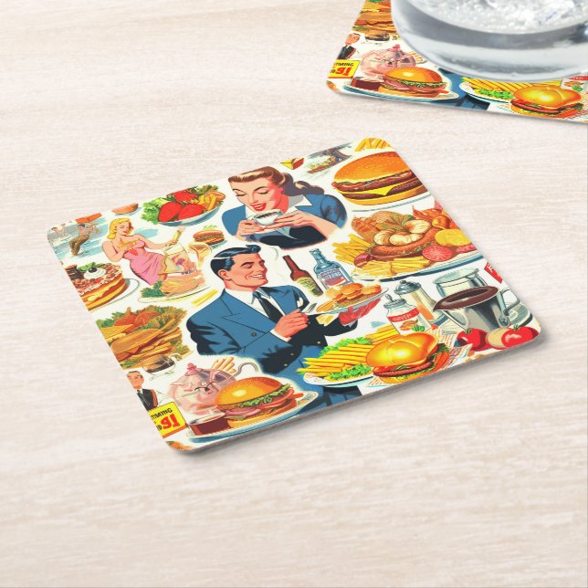 Vintage 1950s Food Comics Illustration Square Paper Coaster (Angled)