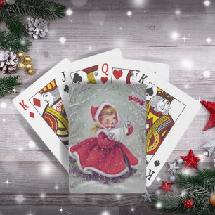 Vintage 1950s Girl in Snow with Birds Christmas Playing Cards