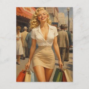 Vintage 1950s Pin-Up Girl Shopping in the City Postcard