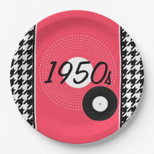 Vintage 1950s pink, black and white checkered paper plate