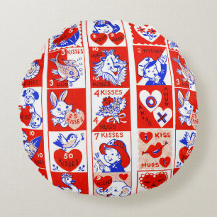 Vintage 1950s Valentine Stamp Pattern Retro Kitsch Round Pillow