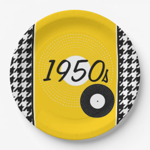 Vintage 1950s yellowl, black and white chequered paper plate