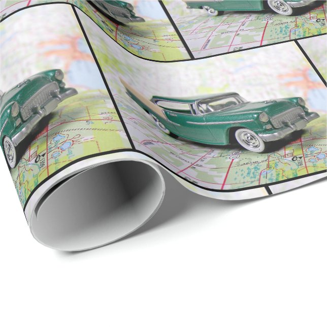 Vintage  1955 car on road map wrapping paper (Roll Corner)