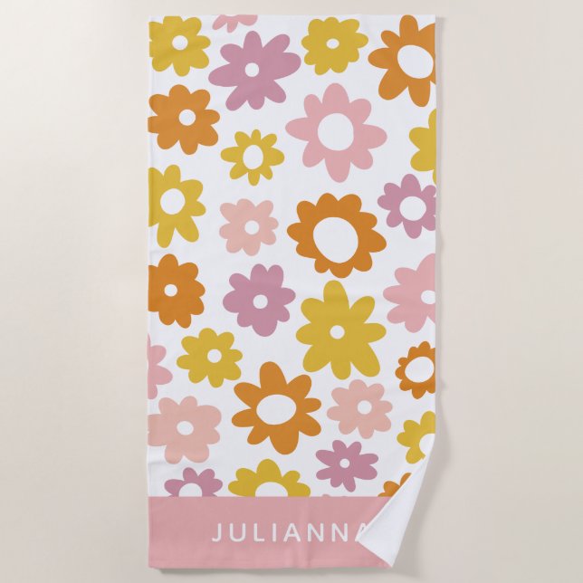 Vintage 1970s Flower Pattern Pink Personalized  Beach Towel (Front)