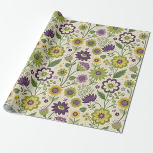 Vintage 1970s Folk Art Flowers Green Purple Yellow Wrapping Paper