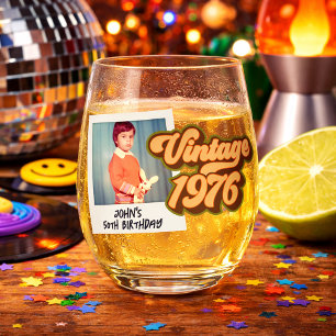 Vintage 1976 50th Birthday Photo  Stemless Wine Glass