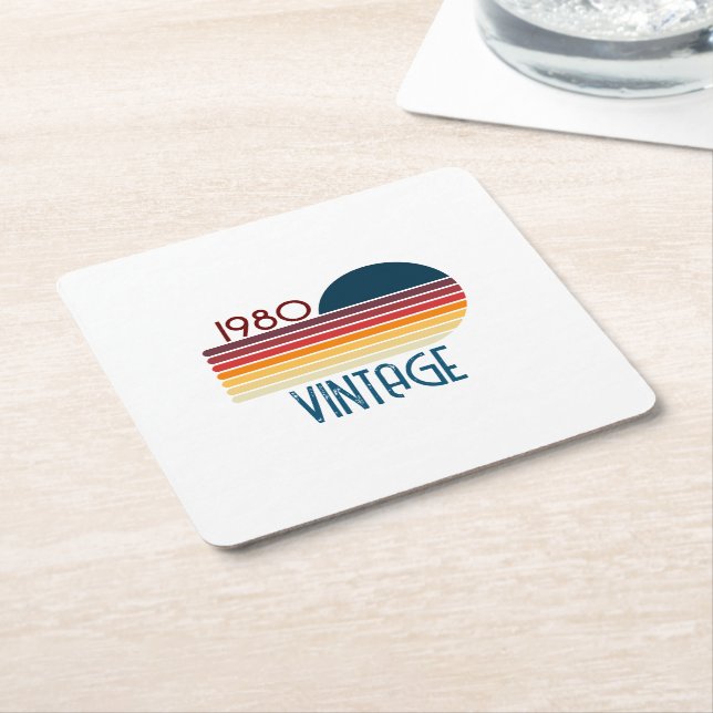 Vintage 1980 Retro Stripe Sun Square Paper Coaster (Angled)