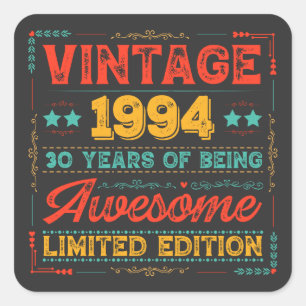 Vintage 1994 Made in 1994 30th Birthday 30 Years  Square Sticker