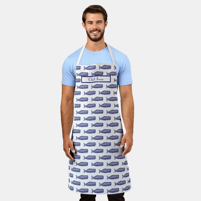 Vintage 19th Century Whale Drawing N Navy Apron (Worn)