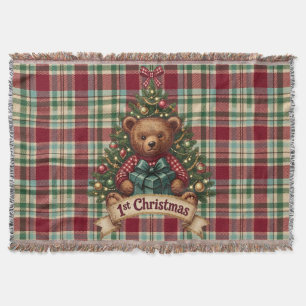  Vintage 1st Christmas Teddy Bear Plaid  Throw Blanket