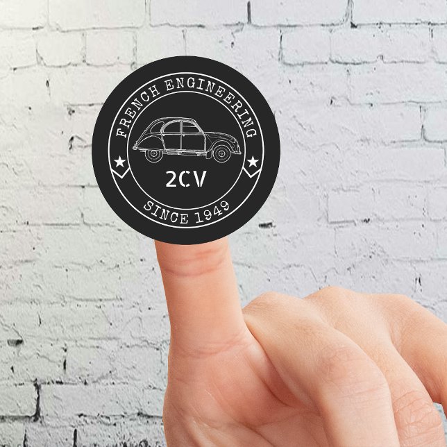Vintage 2CV Oldtimer Badge Engineering Excellence Classic Round Sticker (2CV Round Sticker in Black with a White Badge Text Design and and Illustration of the Deux Chevaux )