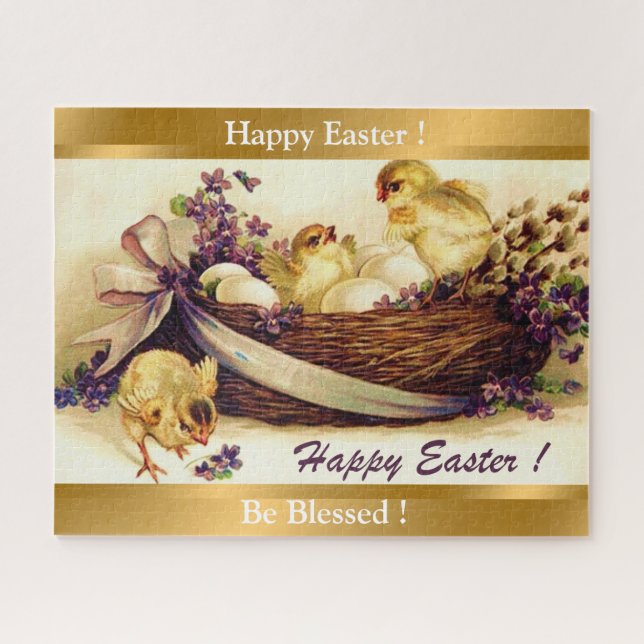 Vintage 3 Chickens And Eggs Easter Jigsaw Puzzle (Horizontal)