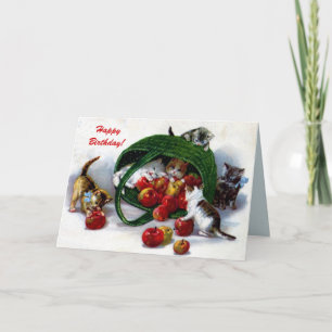 Vintage 3 cute kittens, basket of apples custom card