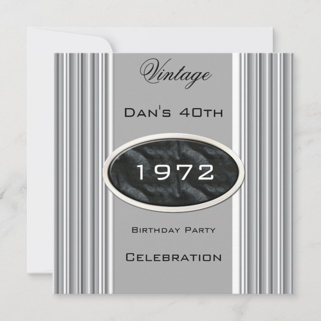 Vintage 40th Birthday Party Silver Metal Black Invitation (Front)