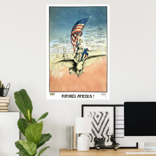 Vintage 4th of July, Woman Riding Eagle with Flag Poster