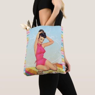 Vintage 50s Beach Pin Up Model Girl Art Tote Bag