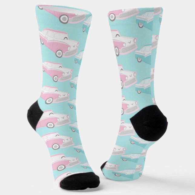 Vintage 50s Car Print Pattern Design Socks (Angled)