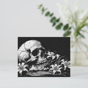 Vintage 50s Graphic BW Style Skull w Flowers Postcard