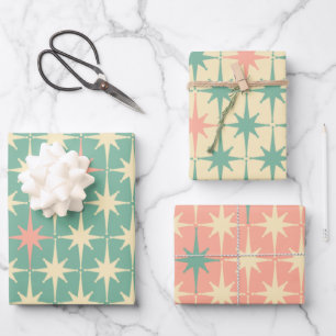 Vintage 50s Retro Stars Pattern Pink Mint Cream Wrapping Paper Sheet