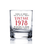 Vintage 50th Birthday Party Whiskey Glass<br><div class="desc">A fun whiskey glass to celebrate his 50th birthday. "Take a Shot,  He's Still Hot" and his name are in simple modern typography and "Vintage" and the year he was born are in a retro red font.</div>