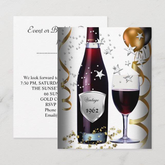 Vintage 50th Birthday Wine Black Gold Balloons Invitation (Front/Back)