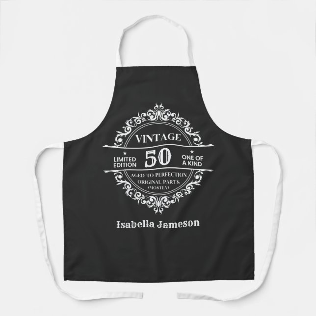 Vintage 50th Black and White Monogram Birthday Apron (Front)