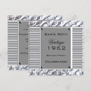 Vintage 50th Silver Metal Look Birthday Party Invitation