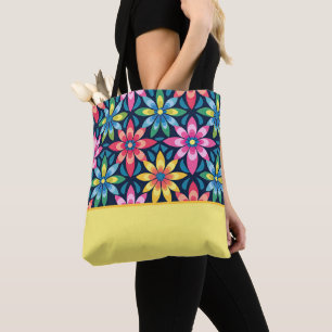 Vintage 60s Vibe Mod Daisies, Colour Block Tote Bag