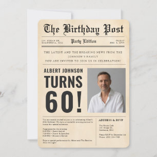 Vintage 60th Birthday Newspaper Cover Custom Photo Invitation