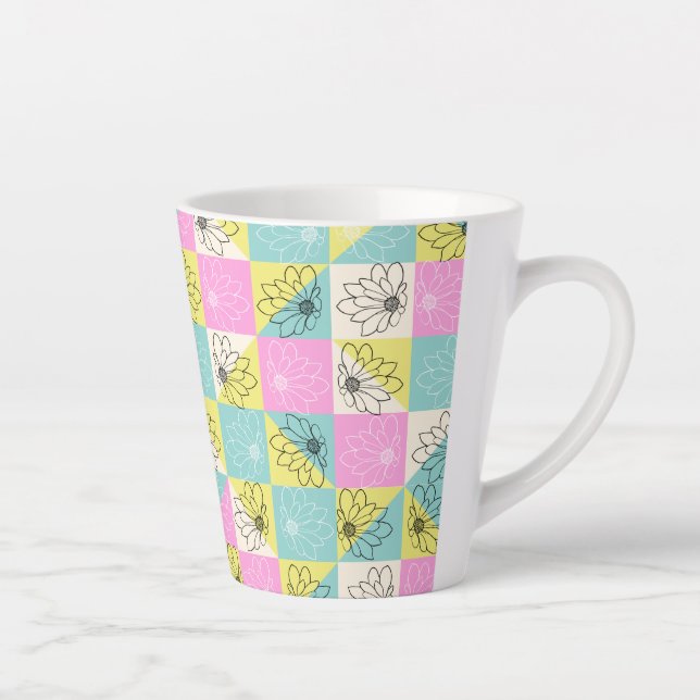 Vintage 70s Chequerboard Spring Flowers Pattern Latte Mug (Right)