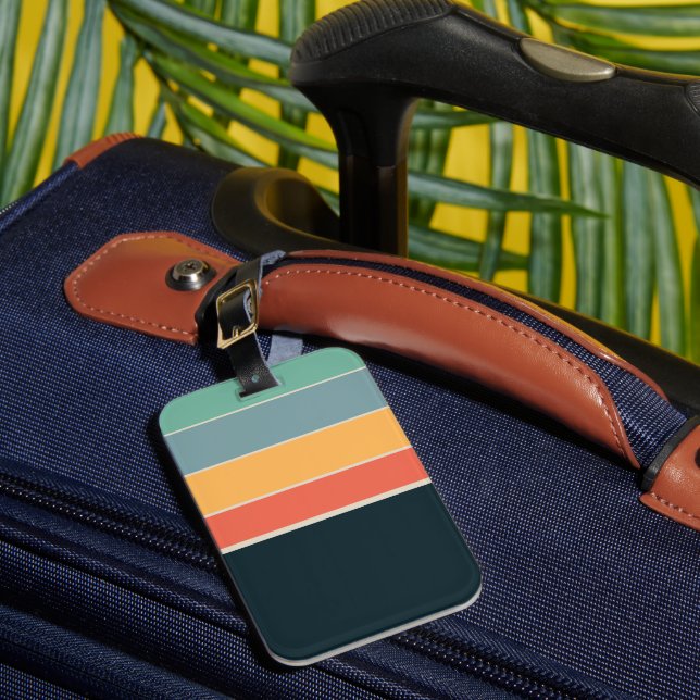 Vintage 70s Navy & Gold Colourful vertical stripes Luggage Tag (Front Insitu 1)