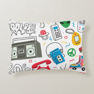Vintage 80's 90's doodle with boom box, television accent pillow