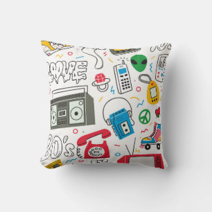 Vintage 80's 90's doodle with boom box, television throw pillow