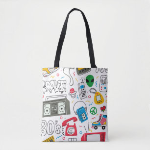 Vintage 80's 90's doodle with boom box, television tote bag