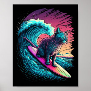 Vintage 80s Vaporwave Synthwave Retro Surfing Cat  Poster