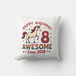 Vintage 8 Awesome Since 2018 Unicorn Birthday Rain Throw Pillow