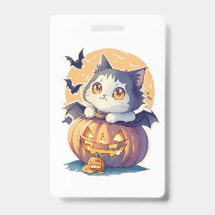 Vintage 90s Cat Pumpkin Halloween Retro Badge