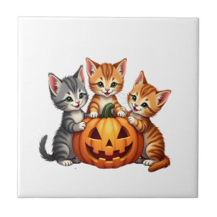 Vintage 90s Cat Pumpkin Halloween Retro Floral Spo Tile