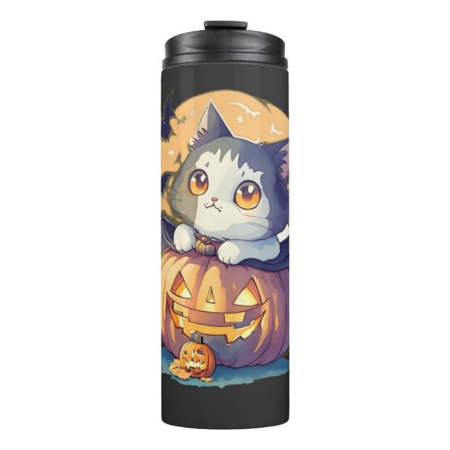 Vintage 90s Cat Pumpkin Halloween Retro Thermal Tumbler (Front)