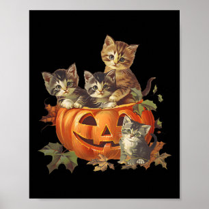 Vintage 90s Cat Retro Pumpkin Kittens Halloween Ca Poster