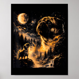 Vintage 90s Pug Howling at The Moon Pug Mom Dog Poster