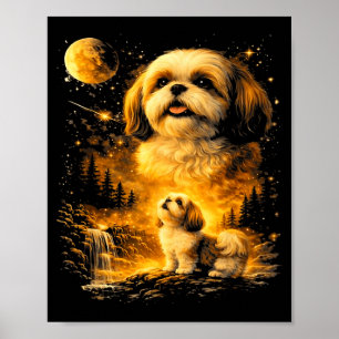 Vintage 90s Shih Tzu Howling at The Moon Funny Dog Poster