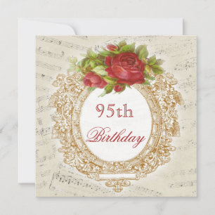 Vintage 95th Birthday Red Rose Frame Music Sheet Invitation