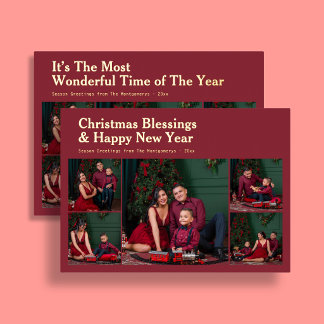 Vintage 9 Family Photo Christmas Quote Red Foil Holiday Card